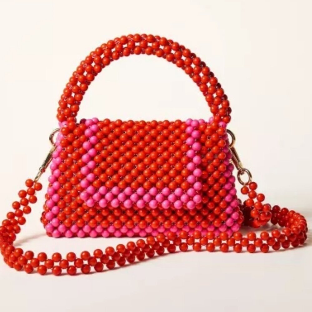 New Kate Spade Red Pink Beaded Handbag Bag Colorblock Crossbody Rose Heart